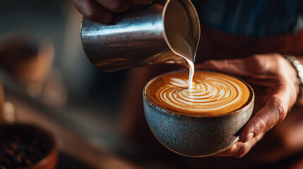Pouring creamy milk into a coffee cup, creating beautiful latte art. A perfect start to the day with a rich and aromatic coffee experience.