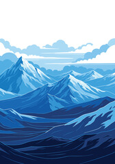 Pixel art majestic snowy mountain range with blue hues and clouds