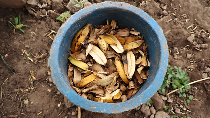 Dry leaves in a black trash can in the park
