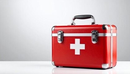 Obraz premium Red first aid kit with white cross and metal clasps on pink background—symbol of emergency care, medical readiness, and health support in a clean, bold, and easily recognizable design.