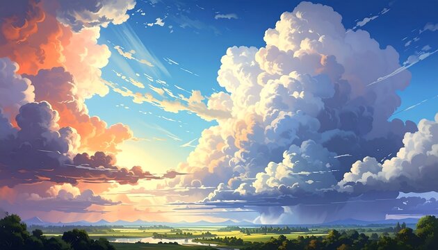 A breathtaking vista of a serene landscape, showcasing dramatic cloudscapes against a vibrant sunset.