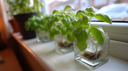 Spicy herbs growing in pots standing on shelves
