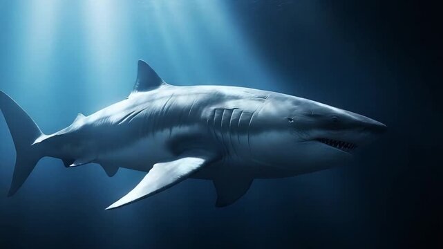 Majestic greatwhite shark swimming through sunlit deep ocean predator portrait.