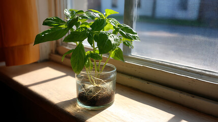 A plastic cup with earth in which there is a young green pepper for seedlings. the glass with the plant is located on a wooden surface
