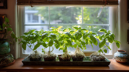 Wick watering. plants in pots on glasses stand on a shelf on a window
