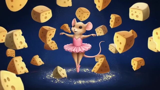 Dancing Mouse in Tutu Surrounded by Floating Cheese