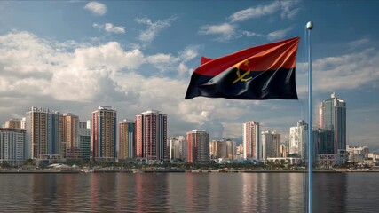 The Angolan flag flutters in the wind above the vibrant city skyline of Luanda, marking national pride and celebration.