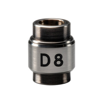 Close up of a metal d8 adapter with visible threading against a transparent background in studio shot
