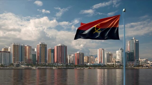 The Angolan flag flutters in the wind above the vibrant city skyline of Luanda, marking national pride and celebration.