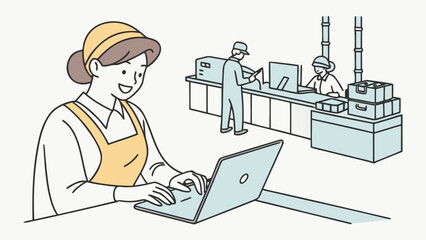 Happy female business owne working on a laptop whilemanaging administrative taks in a production facilit.