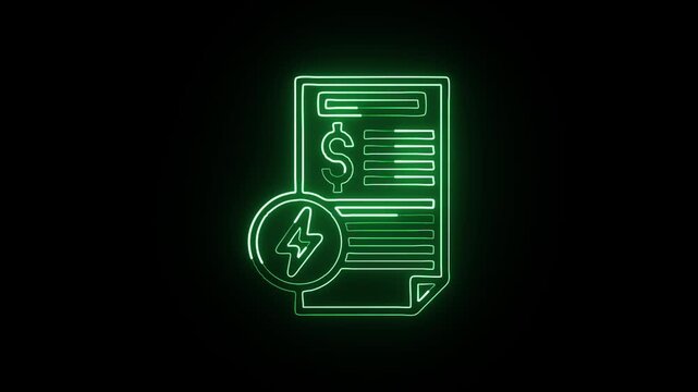 Glowing neon line electricity bill icon with animated electricity effect. Finance animation HD video isolated on black background.