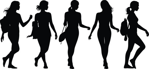 Black Silhouettes of Women Walking with Bags in Various Poses on White Background, Fashion, Lifestyle, Business, and Street Scene Vector Illustration