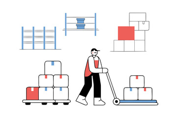 Asian employee using crutches to manage warehouse deiveries, supporting logistcs and small business opertions.