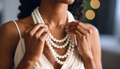 Close-up of a person putting on a pearl necklace