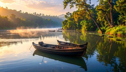 Obraz premium Calm sunrise over a river, showcasing wooden boats nestled amidst a lush green forest.