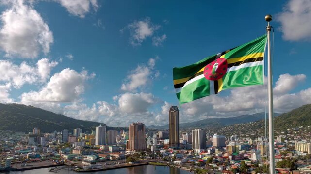 A vibrant Dominica flag is seen flying against a backdrop of a bustling city on Independence Day celebrations.