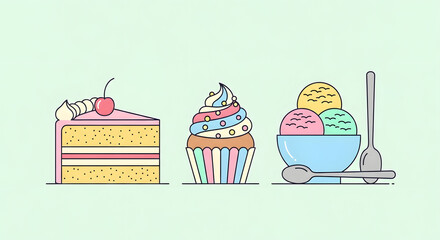 Cake slice, cupcake, and ice cream in a bowl, dessert vector illustration