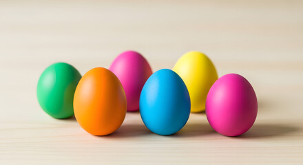 Six vibrantly colored Easter eggs arranged on a light-colored wooden surface, creating a festive display