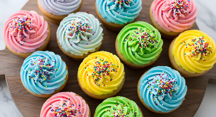 Obraz premium Overhead view of colorful frosted cupcakes with sprinkles on a wooden board