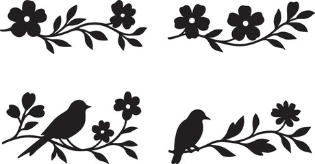 PrintElegant black silhouette floral designs with birds and flowers