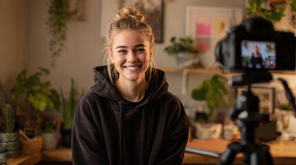Smiling woman filming in plant-filled room. Video blogging with plants in the background. Natural, friendly. She looks happy and authentic