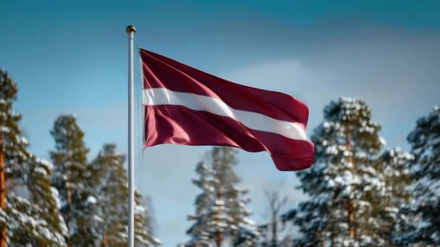 Latvia flag flutters in the wind, celebrating Independence Day with a backdrop of snow-covered trees and blue skies. - Powered by Adobe
