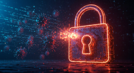 Conceptual illustration of digital information security under threat from malware and a computer virus attack on a secure system