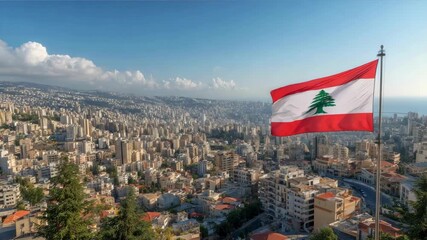 Lebanon flag flutters proudly in the wind, celebrating Independence Day as it overlooks the skyline of Beirut.