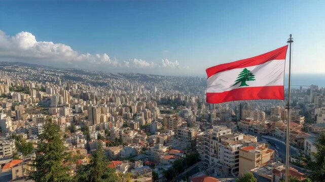 Lebanon flag flutters proudly in the wind, celebrating Independence Day as it overlooks the skyline of Beirut.