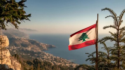 Lebanon's national flag flutters proudly in the breeze, symbolizing Independence Day amidst the stunning landscape.