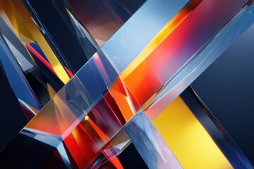 Modern abstract glass prisms with geometric shapes, vibrant rainbow light refraction, minimalist corporate art, bold color palette, tech branding background

