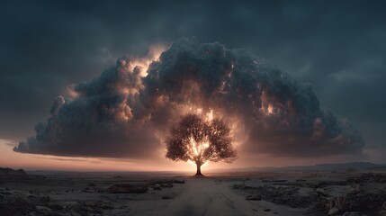 Powerful wide shot of a solitary tree ablaze in a desolate landscape under a dramatic sunset sky, creating a cinematic and epic fantasy scene.