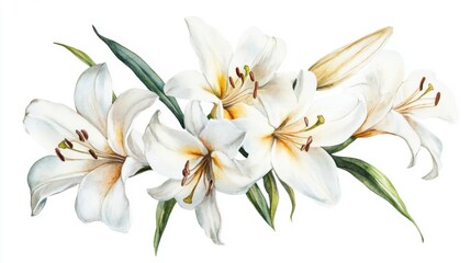 Obraz premium Watercolor illustration of elegant white lilies with green leaves decoration