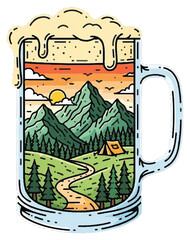 A scenic mountain landscape with a winding path and a tent, viewed through a frothy beer mug at sunset.