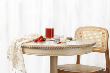 Fresh Strawberry Juice and Milk on Wooden Table - Summer Drink and Fruit Berry Refreshment Setup