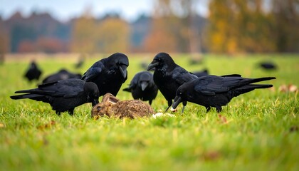 Crows feasting on a dead rabbit in a grassy field