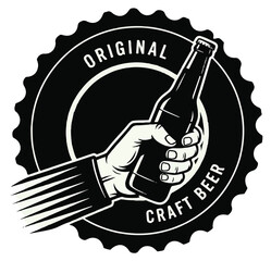 Vintage monochrome emblem of a hand holding a craft beer bottle.