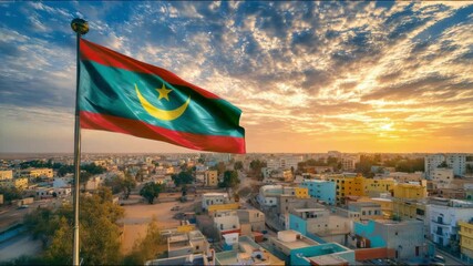 The Mauritania flag proudly waves in the wind at sunset, celebrating Independence Day in the capital city.