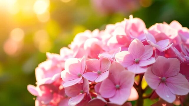 Delicate pink hydrangea flowers catching golden light with soft focus background