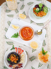 Tropical Pineapple Juice and Fresh Fruit Preserves Summer Refreshment Spread with Healthy Snacks