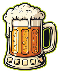 A vibrant cartoon illustration of a frosty beer mug filled with golden, bubbly lager and topped with a thick, overflowing foamy head.
