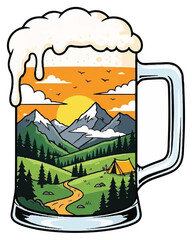 A glass of beer with a mountain landscape depicted inside, featuring a sunset, mountains, a path, and a campsite.