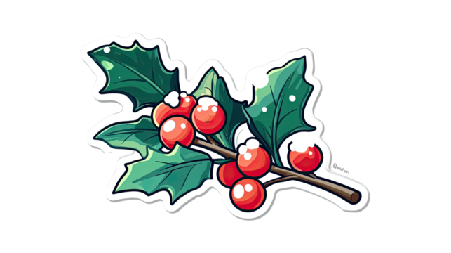 Playful holly branch sticker illustration with red berries and a dusting of snow.