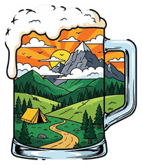 Mountain landscape scene inside a beer mug with sunset.