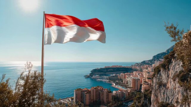 The Monaco flag flutters energetically with the beautiful coastline and cityscape in view on Independence Day.