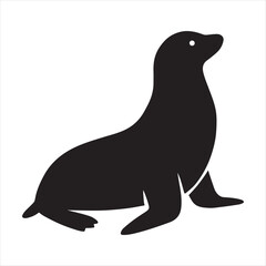 Silhouette of a seal sitting upright with its head turned to the side on a white background
