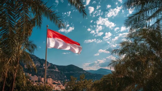 The flag of Monaco flutters against the backdrop of mountains and coastal buildings, celebrating Independence Day.