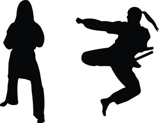 Silhouette martial arts fighters training, karate kick action, combat sports pose, self defense exercise, fitness discipline practice illustration