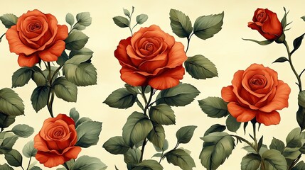Vintage Rose Pattern on Cream Background