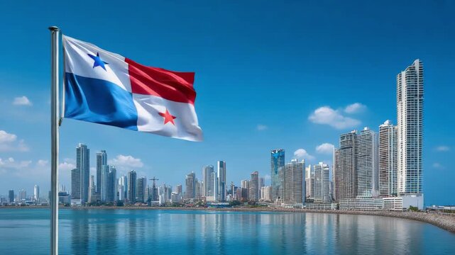 The Panama flag flutters in the wind as the city skyline glimmers at sunset, celebrating Independence Day.